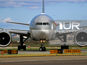 A Boeing 777-3DZ(ER) from Qatar Airways lands at Barcelona-El Prat Airport and heads towards the terminal in Barcelona, Spain, on October 8,...