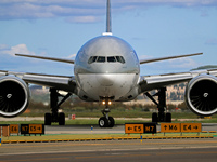 A Boeing 777-3DZ(ER) from Qatar Airways lands at Barcelona-El Prat Airport and heads towards the terminal in Barcelona, Spain, on October 8,...