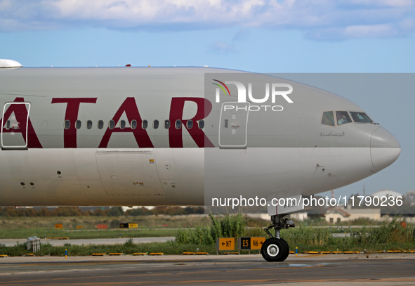 A Boeing 777-3DZ(ER) from Qatar Airways lands at Barcelona-El Prat Airport and heads towards the terminal in Barcelona, Spain, on October 8,...