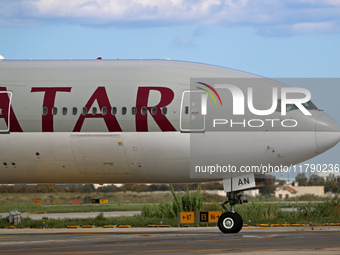 A Boeing 777-3DZ(ER) from Qatar Airways lands at Barcelona-El Prat Airport and heads towards the terminal in Barcelona, Spain, on October 8,...