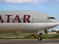 A Boeing 777-3DZ(ER) from Qatar Airways lands at Barcelona-El Prat Airport and heads towards the terminal in Barcelona, Spain, on October 8,...