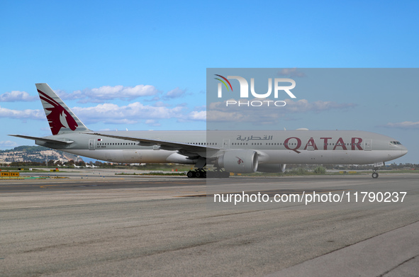 A Boeing 777-3DZ(ER) from Qatar Airways lands at Barcelona-El Prat Airport and heads towards the terminal in Barcelona, Spain, on October 8,...