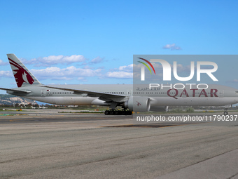 A Boeing 777-3DZ(ER) from Qatar Airways lands at Barcelona-El Prat Airport and heads towards the terminal in Barcelona, Spain, on October 8,...