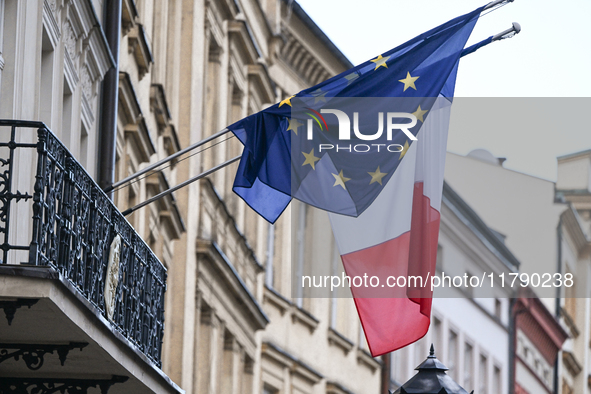 KRAKOW, POLAND - NOVEMBER 18:   
European and French flags displayed outside the French Consulate in Krakow, seen on November 17, 2024 in Kr...