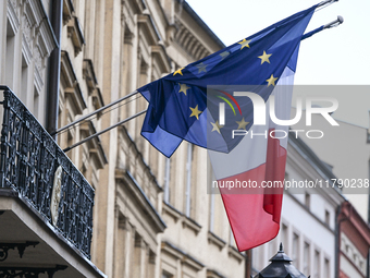 KRAKOW, POLAND - NOVEMBER 18:   
European and French flags displayed outside the French Consulate in Krakow, seen on November 17, 2024 in Kr...