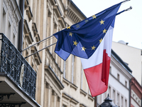 KRAKOW, POLAND - NOVEMBER 18:   
European and French flags displayed outside the French Consulate in Krakow, seen on November 17, 2024 in Kr...