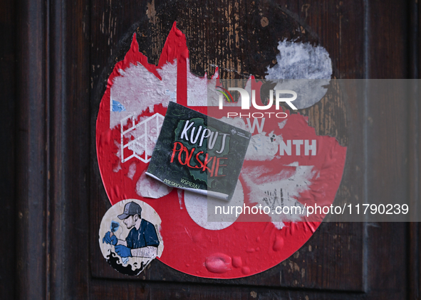 KRAKOW, POLAND - NOVEMBER 18:   
A 'Kupuj Polskie' sticker seen in Krakow's Old Town, promoting the support of Polish-made products, seen on...