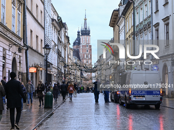 KRAKOW, POLAND - NOVEMBER 18:   
Members of the Polish Police stop a car on Floriańska Pedestrian Street in Krakow, seen on November 17, 202...