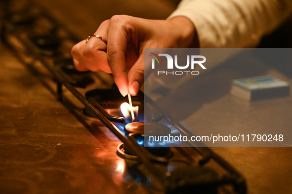 KRAKOW, POLAND - NOVEMBER 18:   
Staff member turns on natural gas burners on a stove in a Krakow cafe, seen on November 17, 2024 in Krakow,...