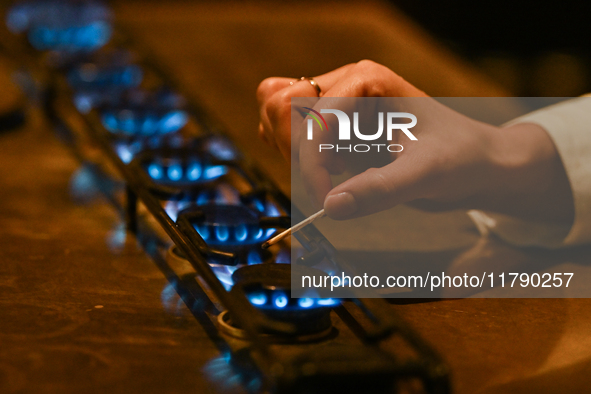 KRAKOW, POLAND - NOVEMBER 18:   
Staff member turns on natural gas burners on a stove in a Krakow cafe, seen on November 17, 2024 in Krakow,...