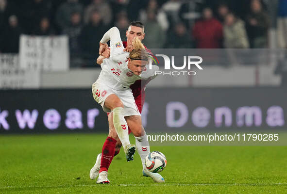 Kasper Dolberg of Denmark  controls the ball during the Nations League Round 6 match between Serbia qnd Denmark at Dubocica Stadium, Leskova...