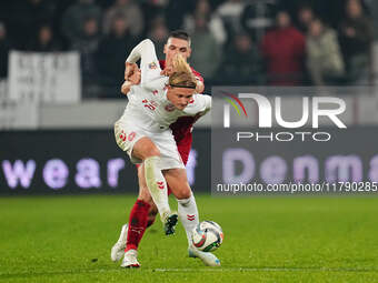 Kasper Dolberg of Denmark  controls the ball during the Nations League Round 6 match between Serbia qnd Denmark at Dubocica Stadium, Leskova...