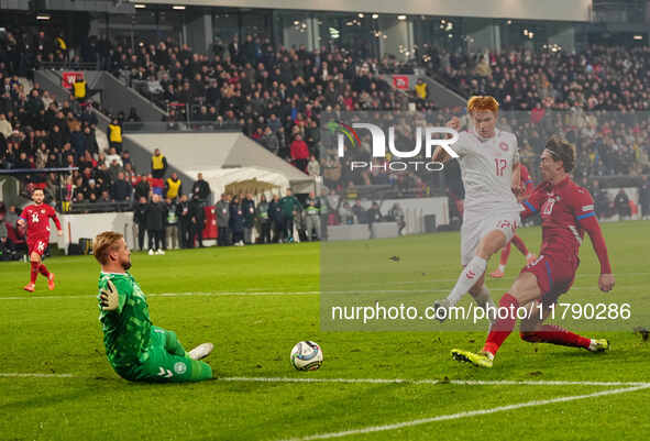 Dusan Vlahovic of Serbia  shoots on goal during the Nations League Round 6 match between Serbia qnd Denmark at Dubocica Stadium, Leskovac, S...