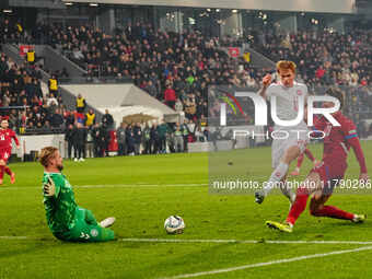 Dusan Vlahovic of Serbia  shoots on goal during the Nations League Round 6 match between Serbia qnd Denmark at Dubocica Stadium, Leskovac, S...