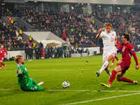 Dusan Vlahovic of Serbia  shoots on goal during the Nations League Round 6 match between Serbia qnd Denmark at Dubocica Stadium, Leskovac, S...