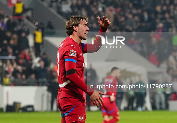 Dusan Vlahovic of Serbia  gestures during the Nations League Round 6 match between Serbia qnd Denmark at Dubocica Stadium, Leskovac, Serbia...