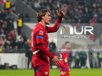 Dusan Vlahovic of Serbia  gestures during the Nations League Round 6 match between Serbia qnd Denmark at Dubocica Stadium, Leskovac, Serbia...