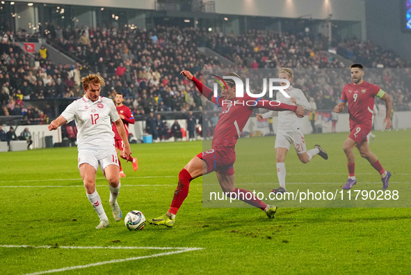 Dusan Vlahovic of Serbia  controls the ball during the Nations League Round 6 match between Serbia qnd Denmark at Dubocica Stadium, Leskovac...