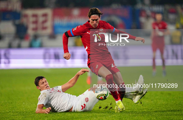 Dusan Vlahovic of Serbia  controls the ball during the Nations League Round 6 match between Serbia qnd Denmark at Dubocica Stadium, Leskovac...