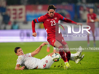 Dusan Vlahovic of Serbia  controls the ball during the Nations League Round 6 match between Serbia qnd Denmark at Dubocica Stadium, Leskovac...