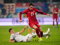 Dusan Vlahovic of Serbia  controls the ball during the Nations League Round 6 match between Serbia qnd Denmark at Dubocica Stadium, Leskovac...