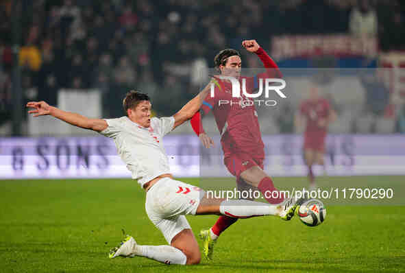 Dusan Vlahovic of Serbia  controls the ball during the Nations League Round 6 match between Serbia qnd Denmark at Dubocica Stadium, Leskovac...