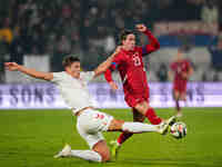 Dusan Vlahovic of Serbia  controls the ball during the Nations League Round 6 match between Serbia qnd Denmark at Dubocica Stadium, Leskovac...