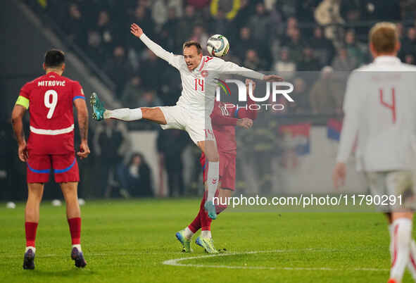 Mikkel Damsgaard of Denmark  heads during the Nations League Round 6 match between Serbia qnd Denmark at Dubocica Stadium, Leskovac, Serbia...