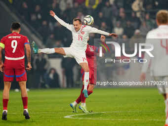 Mikkel Damsgaard of Denmark  heads during the Nations League Round 6 match between Serbia qnd Denmark at Dubocica Stadium, Leskovac, Serbia...