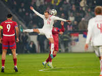 Mikkel Damsgaard of Denmark  heads during the Nations League Round 6 match between Serbia qnd Denmark at Dubocica Stadium, Leskovac, Serbia...