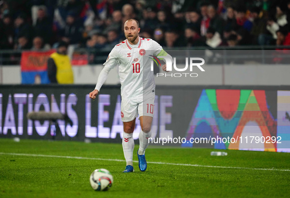 Christian Eriksen of Denmark  heads during the Nations League Round 6 match between Serbia qnd Denmark at Dubocica Stadium, Leskovac, Serbia...