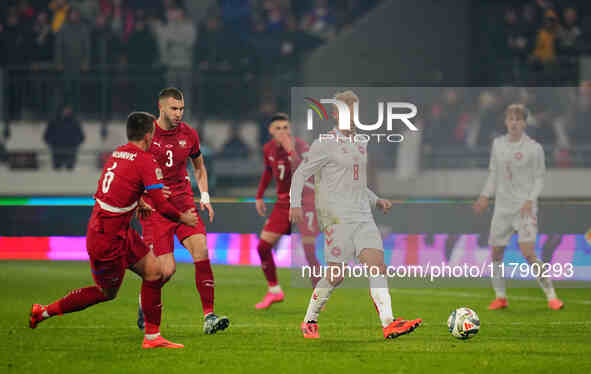 Gustav Isaksen of Denmark  controls the ball during the Nations League Round 6 match between Serbia qnd Denmark at Dubocica Stadium, Leskova...