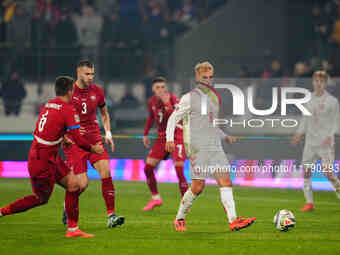 Gustav Isaksen of Denmark  controls the ball during the Nations League Round 6 match between Serbia qnd Denmark at Dubocica Stadium, Leskova...