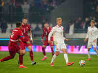 Gustav Isaksen of Denmark  controls the ball during the Nations League Round 6 match between Serbia qnd Denmark at Dubocica Stadium, Leskova...