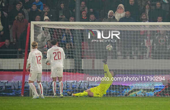 Dorde Petrovic of Serbia  saves during the Nations League Round 6 match between Serbia qnd Denmark at Dubocica Stadium, Leskovac, Serbia on...