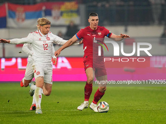 Nikola Milenkovic of Serbia  controls the ball during the Nations League Round 6 match between Serbia qnd Denmark at Dubocica Stadium, Lesko...