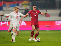 Nikola Milenkovic of Serbia  controls the ball during the Nations League Round 6 match between Serbia qnd Denmark at Dubocica Stadium, Lesko...