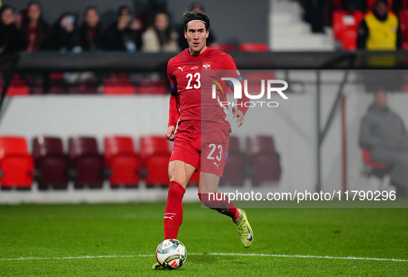 Dusan Vlahovic of Serbia  controls the ball during the Nations League Round 6 match between Serbia qnd Denmark at Dubocica Stadium, Leskovac...