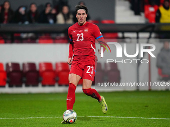 Dusan Vlahovic of Serbia  controls the ball during the Nations League Round 6 match between Serbia qnd Denmark at Dubocica Stadium, Leskovac...