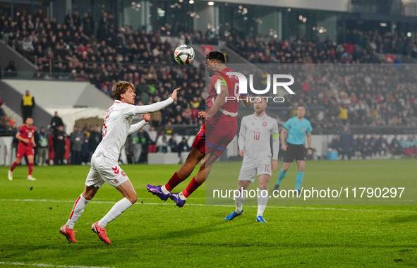 Aleksandar Mitrovic of Serbia  heads during the Nations League Round 6 match between Serbia qnd Denmark at Dubocica Stadium, Leskovac, Serbi...