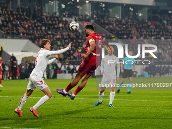 Aleksandar Mitrovic of Serbia  heads during the Nations League Round 6 match between Serbia qnd Denmark at Dubocica Stadium, Leskovac, Serbi...