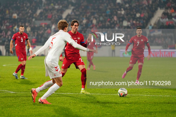 Dusan Vlahovic of Serbia  controls the ball during the Nations League Round 6 match between Serbia qnd Denmark at Dubocica Stadium, Leskovac...