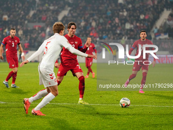 Dusan Vlahovic of Serbia  controls the ball during the Nations League Round 6 match between Serbia qnd Denmark at Dubocica Stadium, Leskovac...