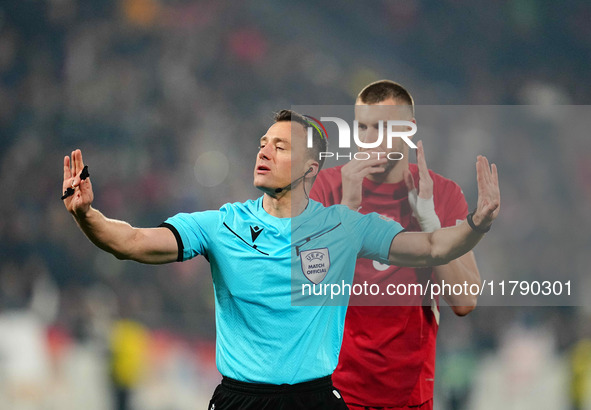 Felix Zwayer, Referee from Germany,  gestures during the Nations League Round 6 match between Serbia qnd Denmark at Dubocica Stadium, Leskov...