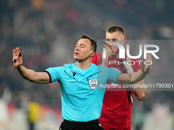 Felix Zwayer, Referee from Germany,  gestures during the Nations League Round 6 match between Serbia qnd Denmark at Dubocica Stadium, Leskov...