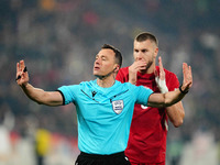 Felix Zwayer, Referee from Germany,  gestures during the Nations League Round 6 match between Serbia qnd Denmark at Dubocica Stadium, Leskov...