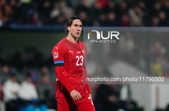 Dusan Vlahovic of Serbia  looks on during the Nations League Round 6 match between Serbia qnd Denmark at Dubocica Stadium, Leskovac, Serbia...