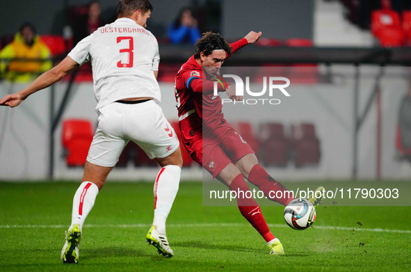 Dusan Vlahovic of Serbia  shoots on goal during the Nations League Round 6 match between Serbia qnd Denmark at Dubocica Stadium, Leskovac, S...