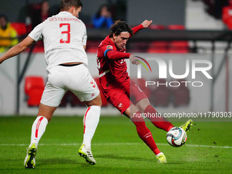 Dusan Vlahovic of Serbia  shoots on goal during the Nations League Round 6 match between Serbia qnd Denmark at Dubocica Stadium, Leskovac, S...