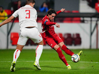 Dusan Vlahovic of Serbia  shoots on goal during the Nations League Round 6 match between Serbia qnd Denmark at Dubocica Stadium, Leskovac, S...